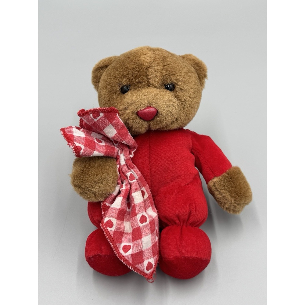 Vtg Small Teddy Bear In Red Pajamas Holding Heart Banket Plush 7" Stuffed Animal